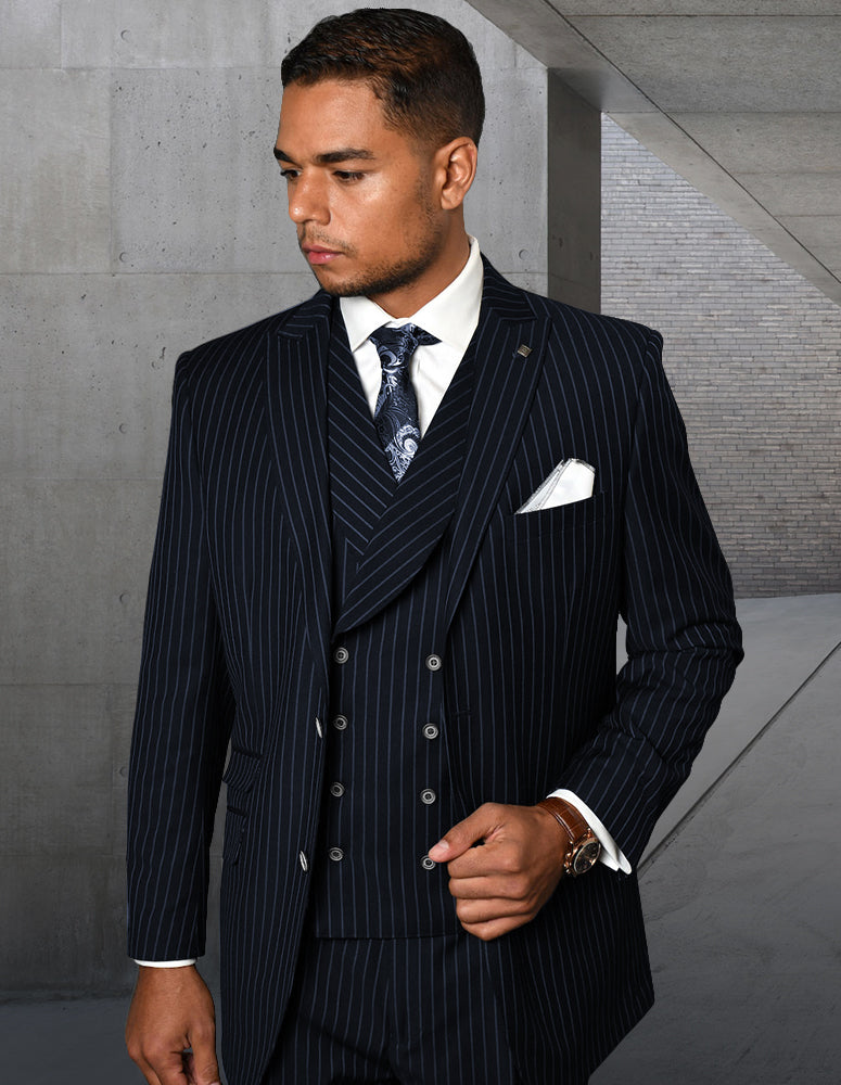 Statement - Men's Regular Fit 3Pc Striped Suit Pleated Pants