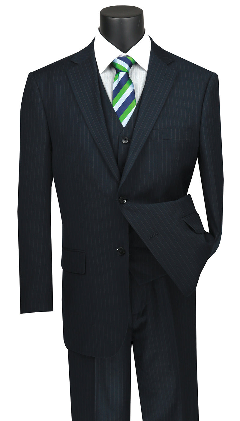 Vinci - Men's Classic Wool Feel 3 Pieces Suits Pin Stripe